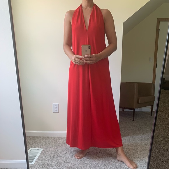red halter midi dress